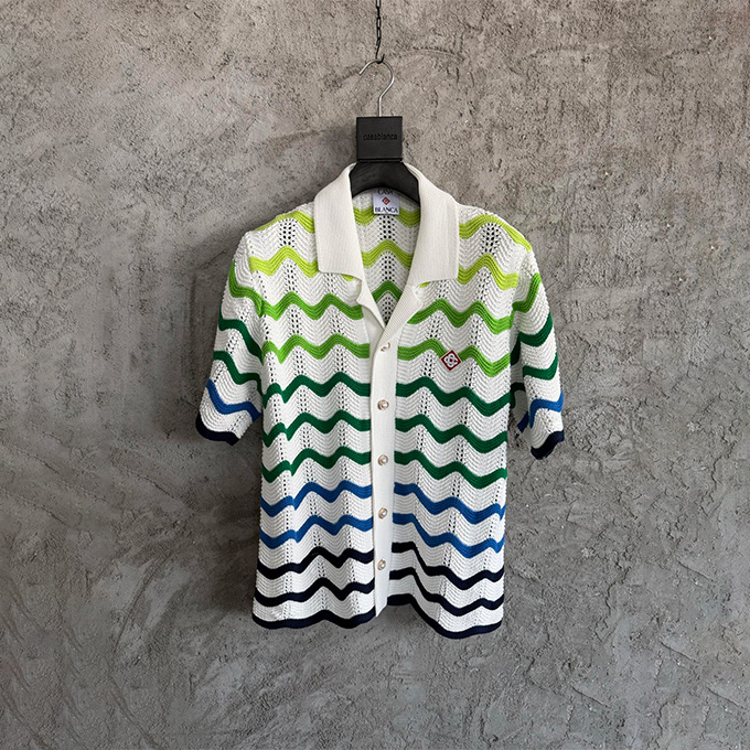 casablanca wavy stripe crochet knit short-sleeve shirt